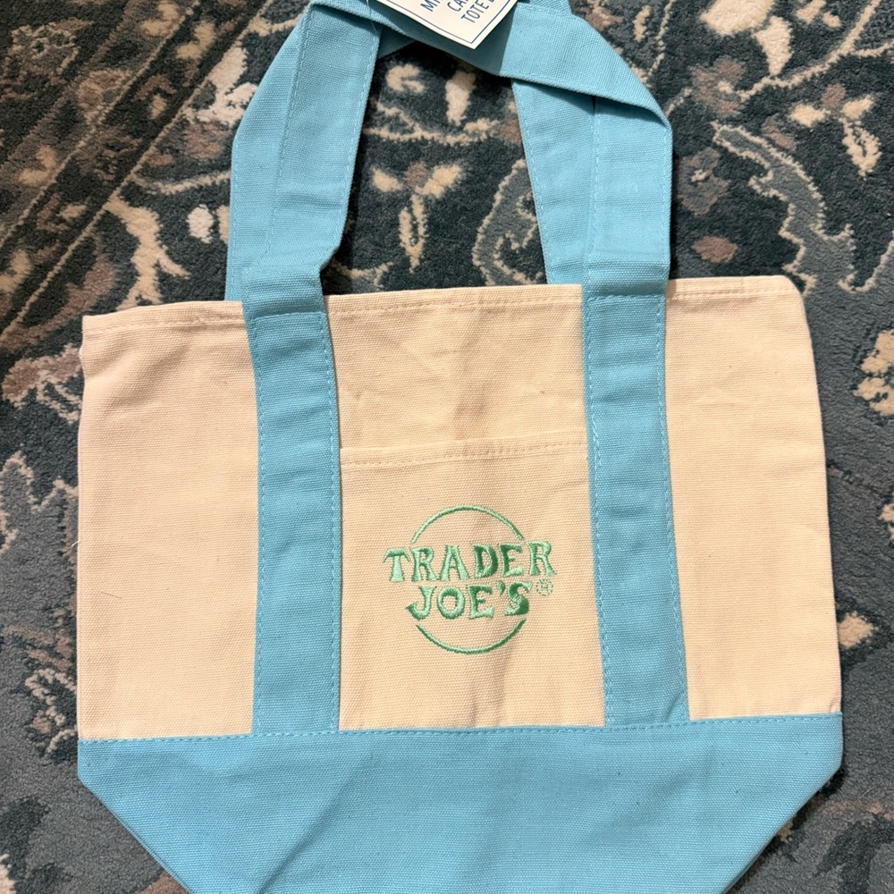 Trader Joe's Cream and Light Blue Mini Canvas Tote Bag